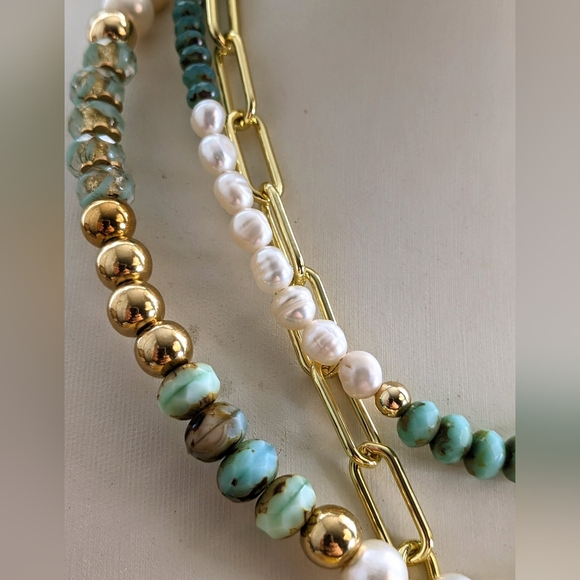 Blue Mint Czech Glass Beads & Pearls In 3 Layered Statement Paperclip Necklace - Picture 4 of 12